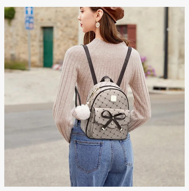iGirls Bowknot 3-Pieces Fashion Leather Backpack Backpack Purse for Women Rucksack for Ladies Shoulder Bag - (Beige1)