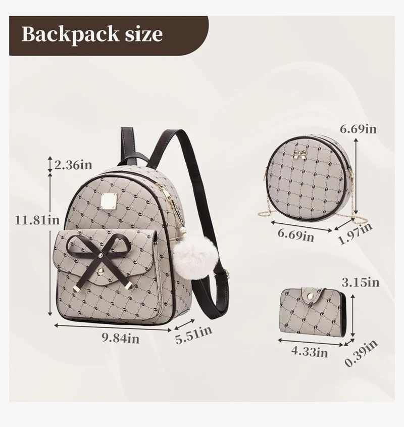 iGirls Bowknot 3-Pieces Fashion Leather Backpack Backpack Purse for Women Rucksack for Ladies Shoulder Bag - (Beige1)