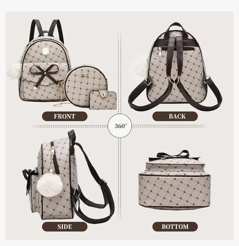 iGirls Bowknot 3-Pieces Fashion Leather Backpack Backpack Purse for Women Rucksack for Ladies Shoulder Bag - (Beige1)