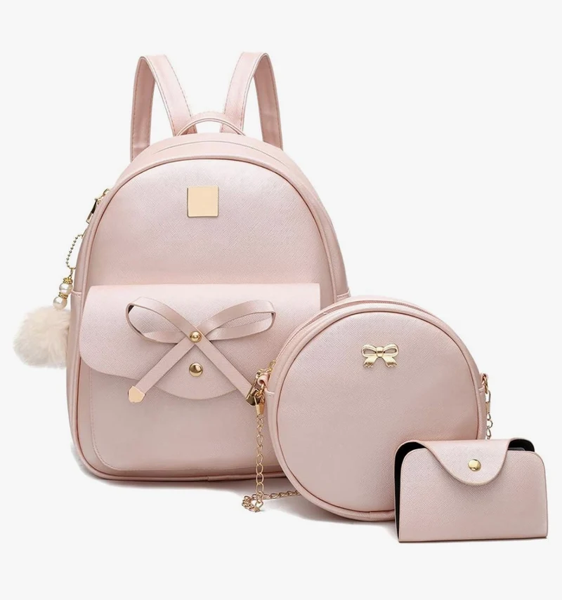 iGirls Bowknot 3-Pieces Fashion Leather Backpack Backpack Purse for Women Rucksack for Ladies Shoulder Bag - (Pink)