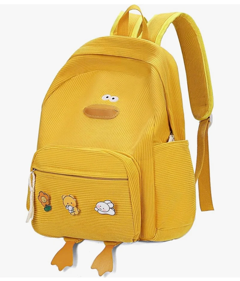 Cute Duck Backpack for Teens Girls Women, Kawaii Funny Aesthetic Corduroy Bookbag for High Middle School - (Yellow)