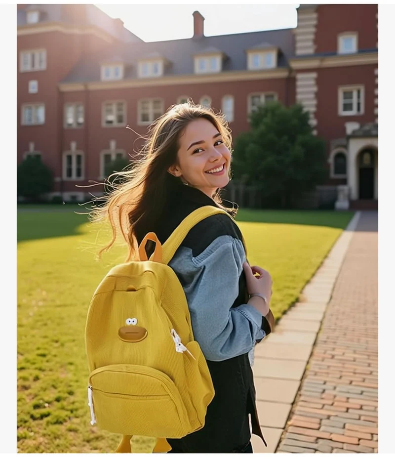 Cute Duck Backpack for Teens Girls Women, Kawaii Funny Aesthetic Corduroy Bookbag for High Middle School - (Yellow)
