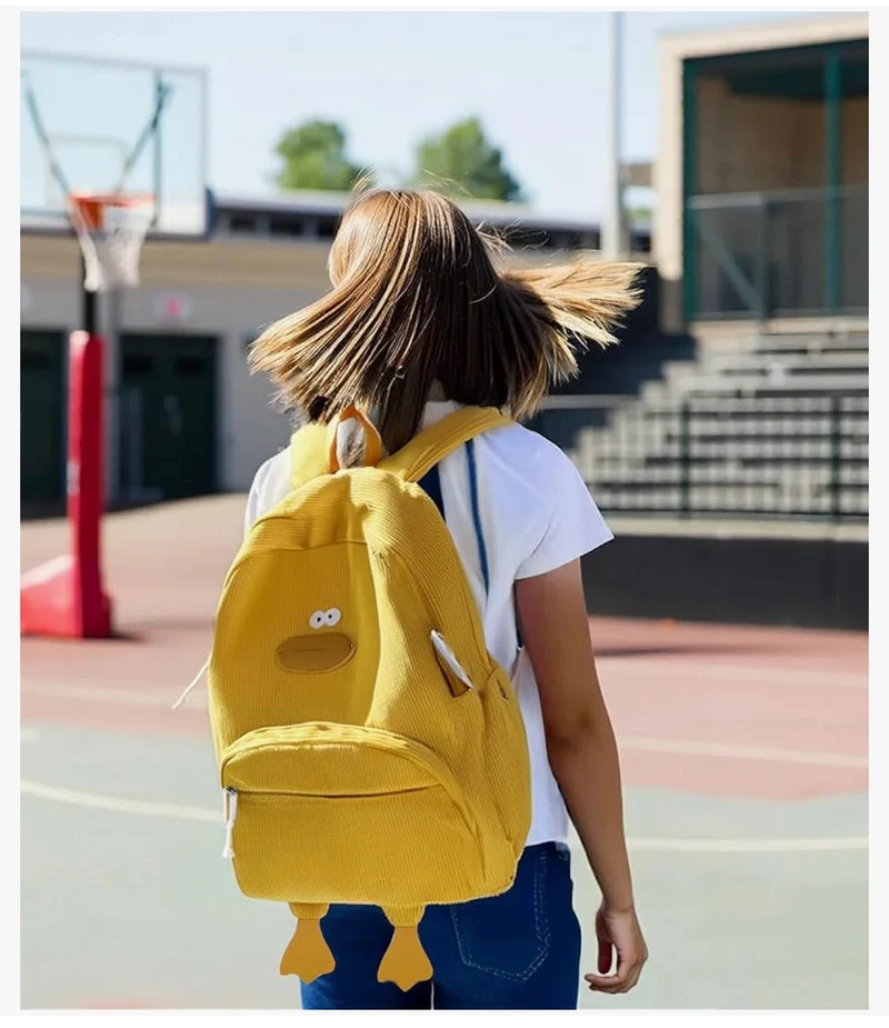 Cute Duck Backpack for Teens Girls Women, Kawaii Funny Aesthetic Corduroy Bookbag for High Middle School - (Yellow)