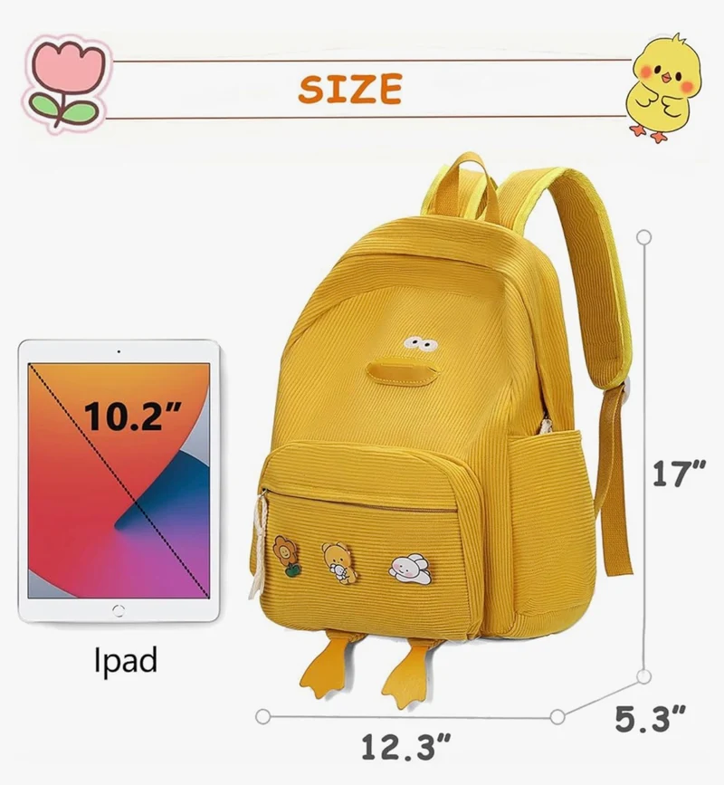 Cute Duck Backpack for Teens Girls Women, Kawaii Funny Aesthetic Corduroy Bookbag for High Middle School - (Yellow)