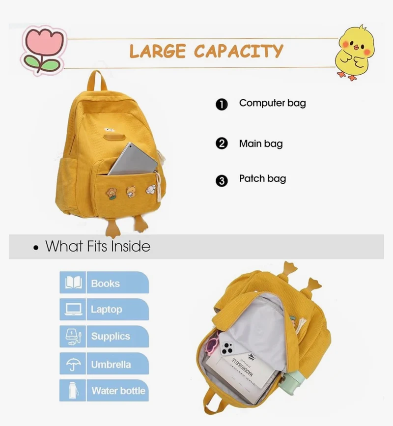 Cute Duck Backpack for Teens Girls Women, Kawaii Funny Aesthetic Corduroy Bookbag for High Middle School - (Yellow)