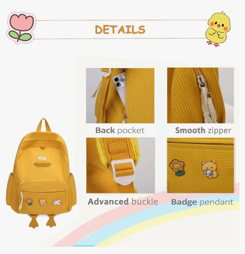 Cute Duck Backpack for Teens Girls Women, Kawaii Funny Aesthetic Corduroy Bookbag for High Middle School - (Yellow)