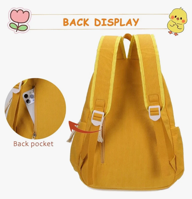 Cute Duck Backpack for Teens Girls Women, Kawaii Funny Aesthetic Corduroy Bookbag for High Middle School - (Yellow)