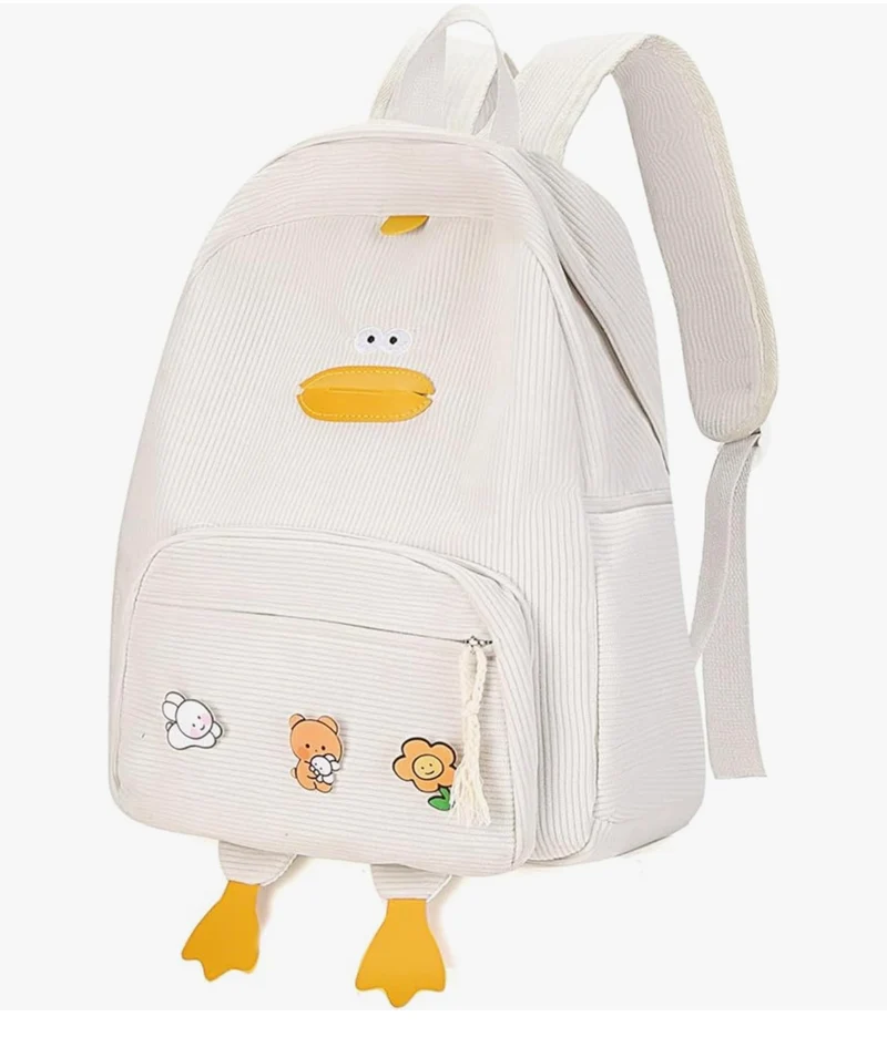 Cute Duck Backpack for Teens Girls Women, Kawaii Funny Aesthetic Corduroy Bookbag for High Middle School - (White)