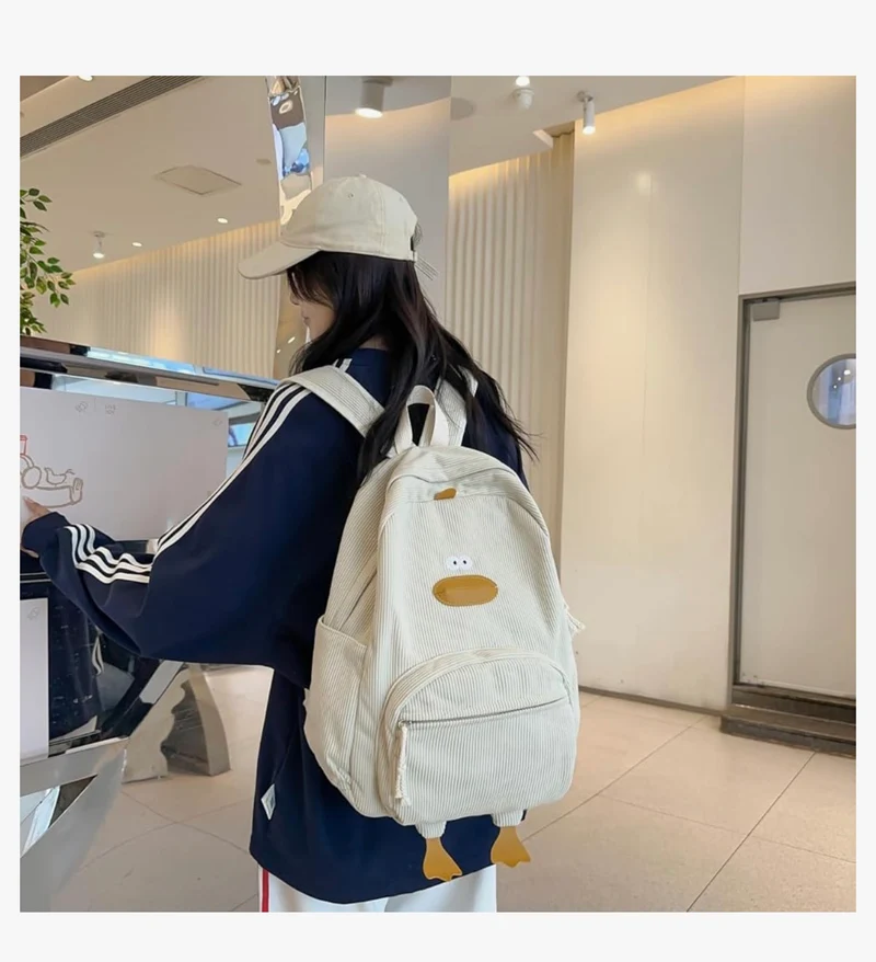 Cute Duck Backpack for Teens Girls Women, Kawaii Funny Aesthetic Corduroy Bookbag for High Middle School - (White)