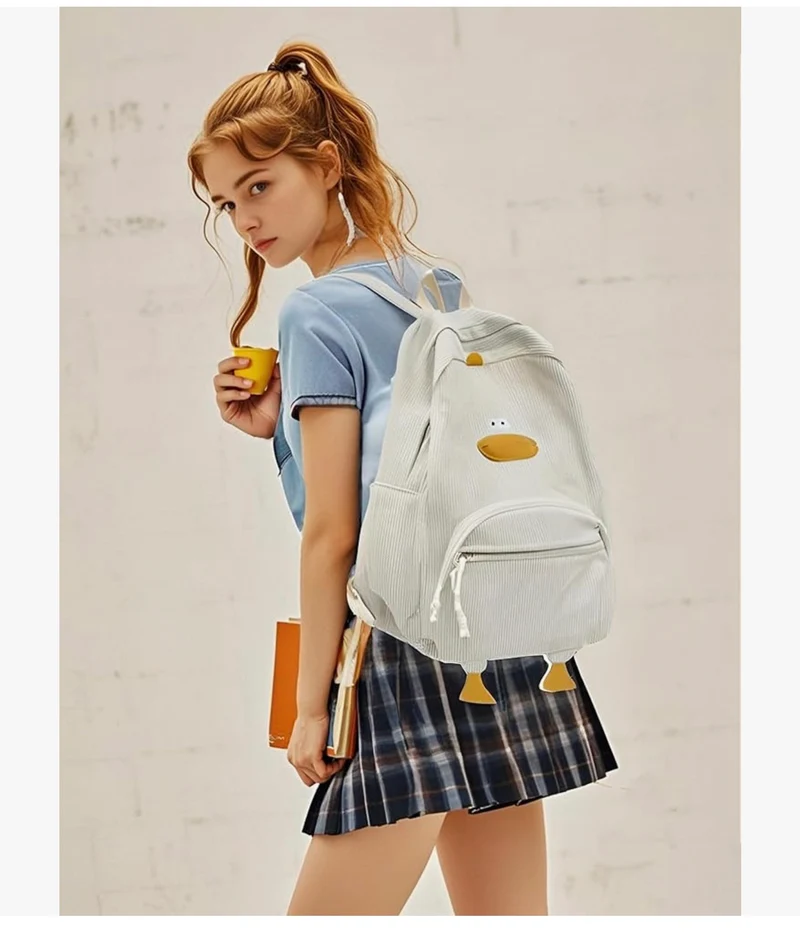 Cute Duck Backpack for Teens Girls Women, Kawaii Funny Aesthetic Corduroy Bookbag for High Middle School - (White)