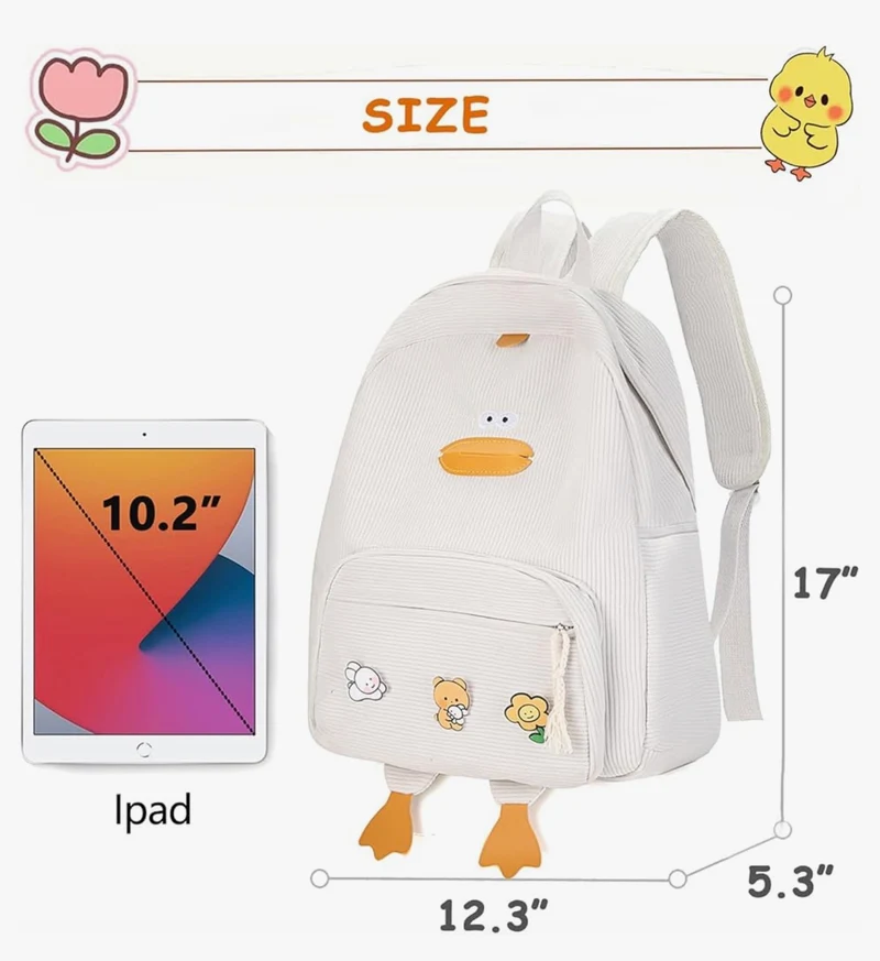 Cute Duck Backpack for Teens Girls Women, Kawaii Funny Aesthetic Corduroy Bookbag for High Middle School - (White)