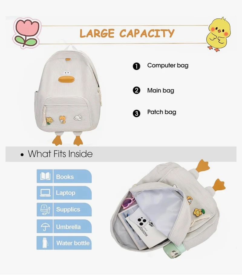Cute Duck Backpack for Teens Girls Women, Kawaii Funny Aesthetic Corduroy Bookbag for High Middle School - (Green)