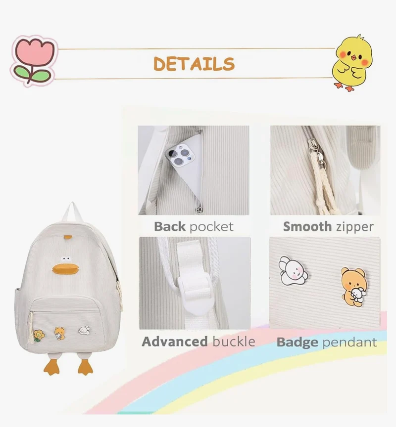 Cute Duck Backpack for Teens Girls Women, Kawaii Funny Aesthetic Corduroy Bookbag for High Middle School - (Green)