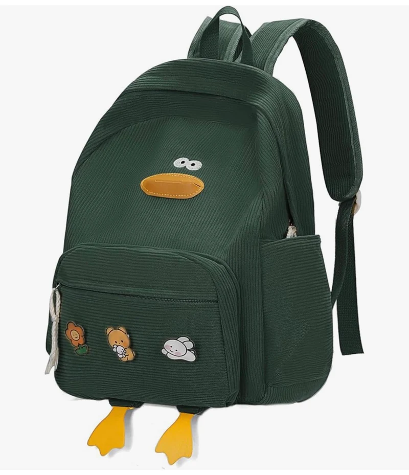 Cute Duck Backpack for Teens Girls Women, Kawaii Funny Aesthetic Corduroy Bookbag for High Middle School - (Green)