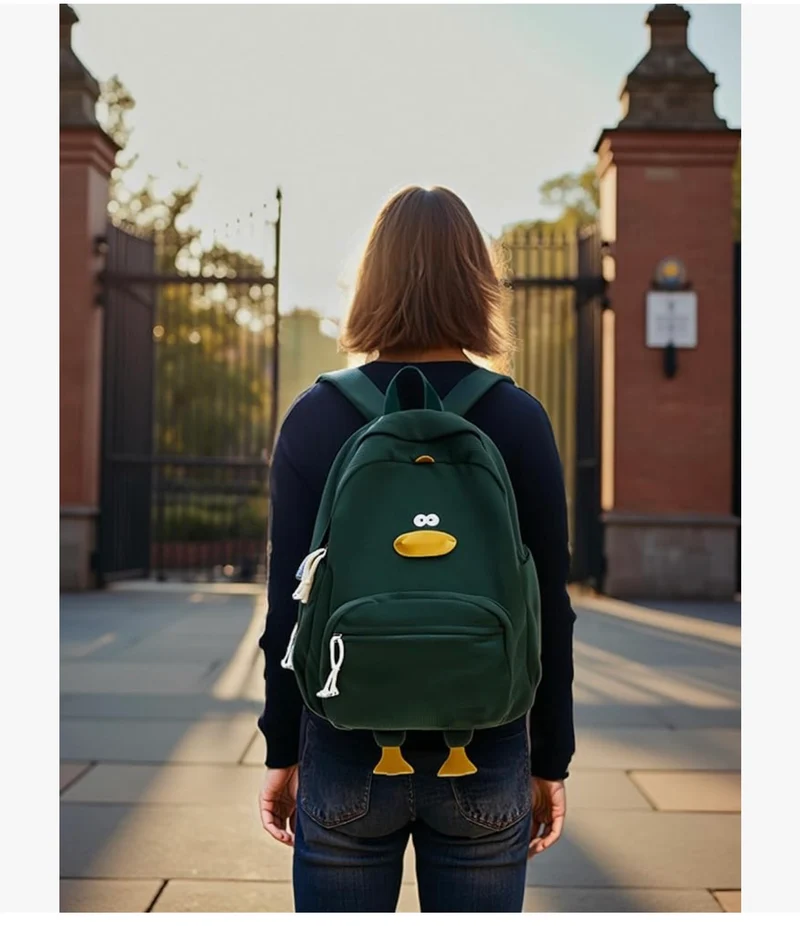 Cute Duck Backpack for Teens Girls Women, Kawaii Funny Aesthetic Corduroy Bookbag for High Middle School - (Green)