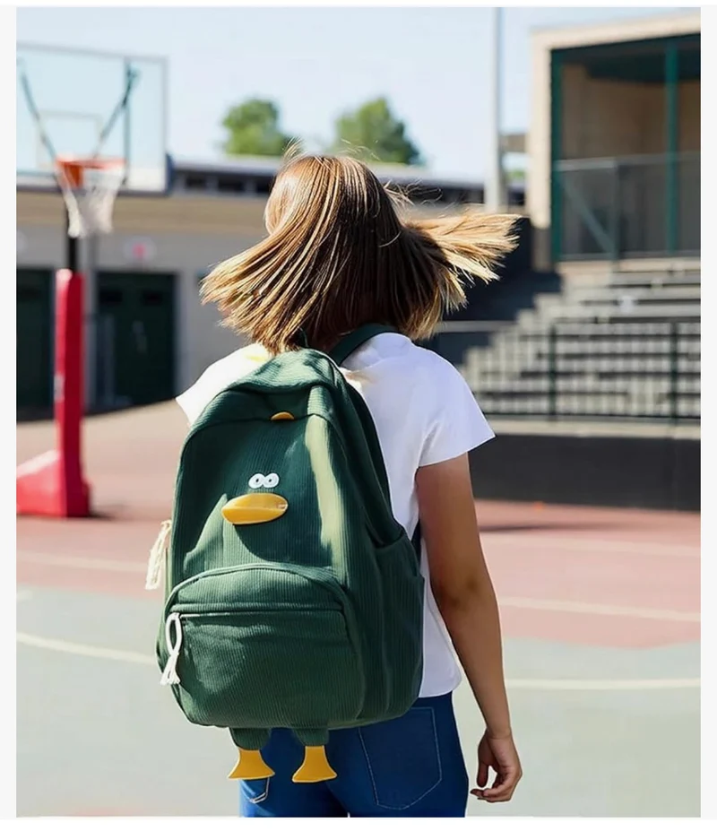 Cute Duck Backpack for Teens Girls Women, Kawaii Funny Aesthetic Corduroy Bookbag for High Middle School - (Green)