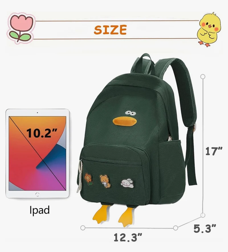 Cute Duck Backpack for Teens Girls Women, Kawaii Funny Aesthetic Corduroy Bookbag for High Middle School - (Green)