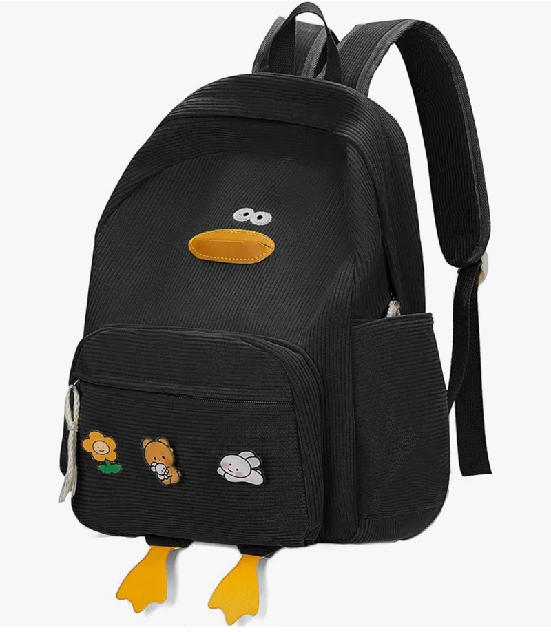Cute Duck Backpack for Teens Girls Women, Kawaii Funny Aesthetic Corduroy Bookbag for High Middle School - (Black)