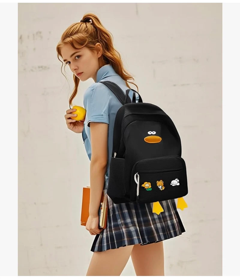Cute Duck Backpack for Teens Girls Women, Kawaii Funny Aesthetic Corduroy Bookbag for High Middle School - (Black)