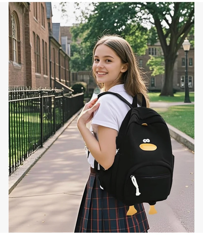 Cute Duck Backpack for Teens Girls Women, Kawaii Funny Aesthetic Corduroy Bookbag for High Middle School - (Black)