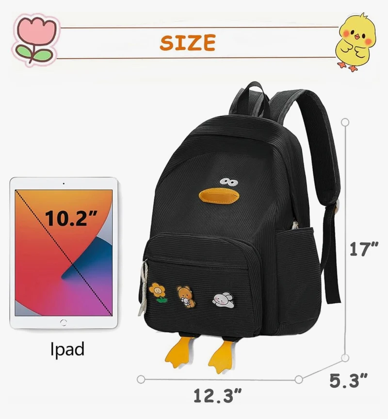 Cute Duck Backpack for Teens Girls Women, Kawaii Funny Aesthetic Corduroy Bookbag for High Middle School - (Black)