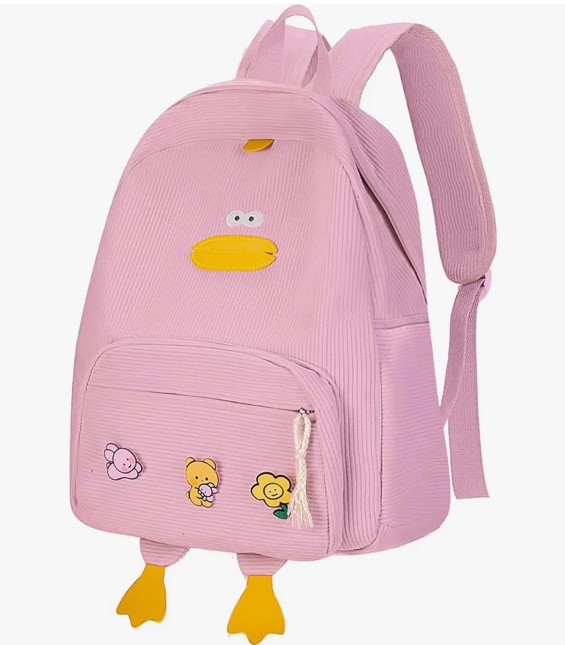 Cute Duck Backpack for Teens Girls Women, Kawaii Funny Aesthetic Corduroy Bookbag for High Middle School - (Pink)