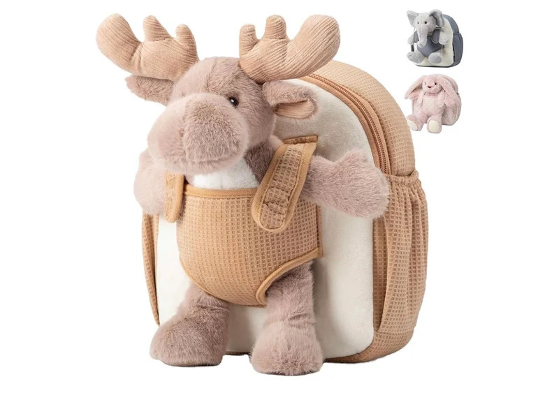 Hug & Go Reindeer Toddler Backpack Soft Plush Bag with Detachable Toy for (Aged 2–4)