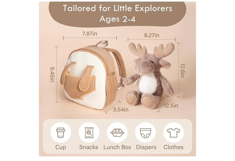 Hug & Go Reindeer Toddler Backpack Soft Plush Bag with Detachable Toy for (Aged 2–4)