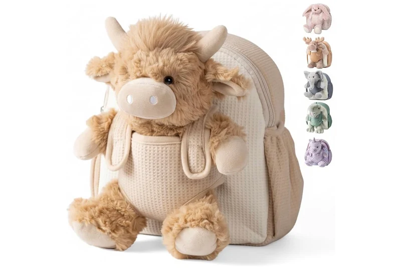Hug & Go Highland Cow Toddler Backpack Soft Plush Bag with Detachable Toy for (Aged 2–4)