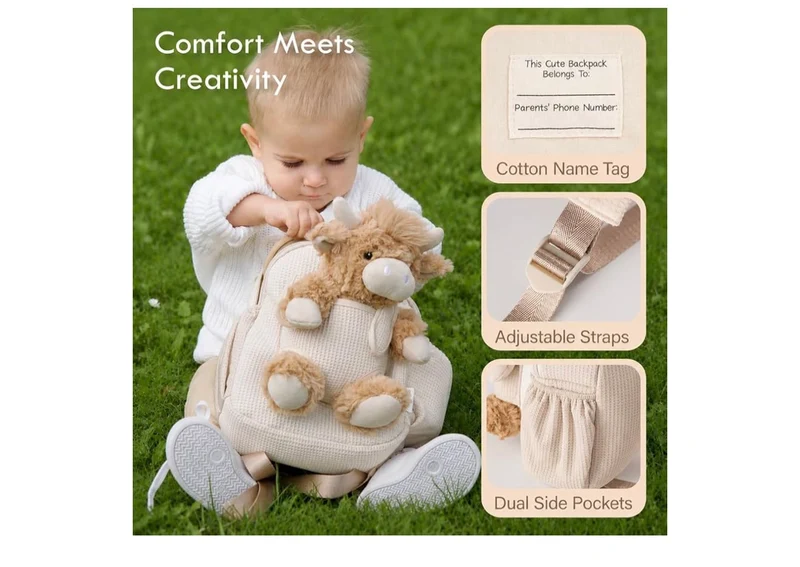 Hug & Go Highland Cow Toddler Backpack Soft Plush Bag with Detachable Toy for (Aged 2–4)