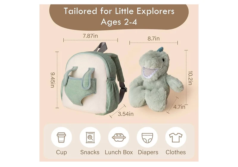 Hug & Go Dinosaur Toddler Backpack Soft Plush Bag with Detachable Toy for (Aged 2–4)