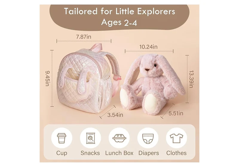 Hug & Go Bunny Toddler Backpack Soft Plush Bag with Detachable Toy for (Aged 2–4)