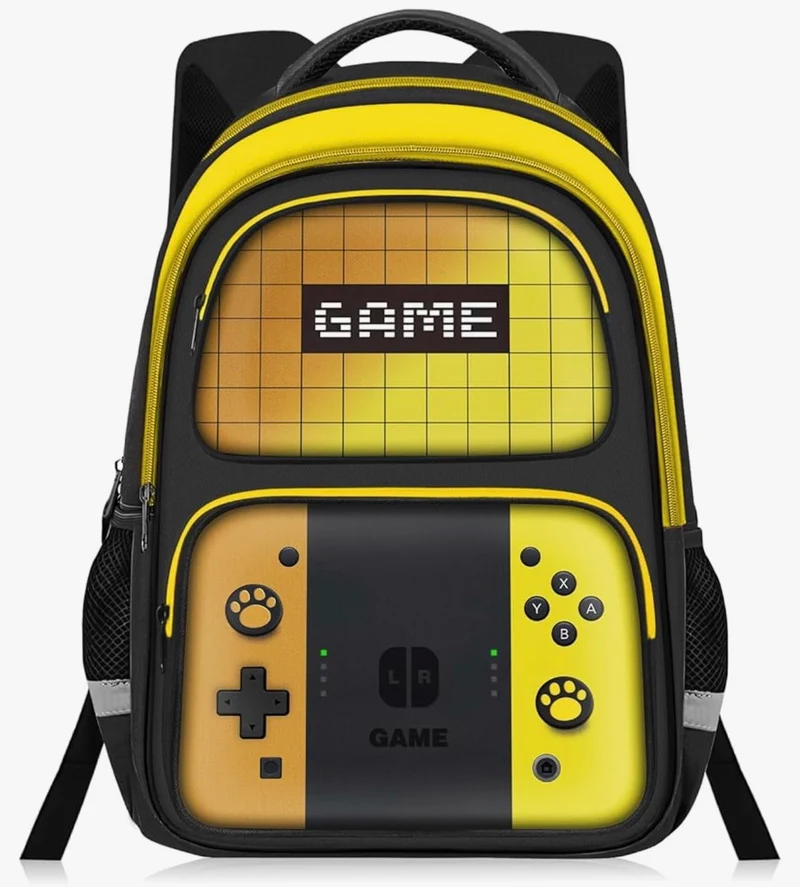 Kids Gamer Backpack for Boys, 17" School Bookbag for Children & Teens, Lightweight Student Backpack for Elementary & Middle School - (Yellow)