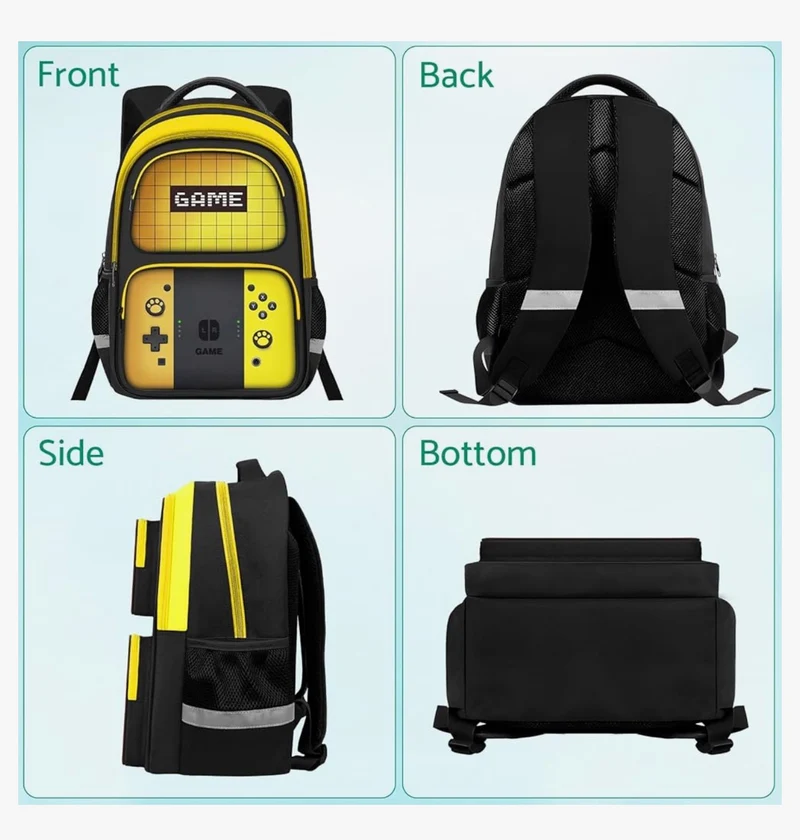 Kids Gamer Backpack for Boys, 17" School Bookbag for Children & Teens, Lightweight Student Backpack for Elementary & Middle School - (Yellow)