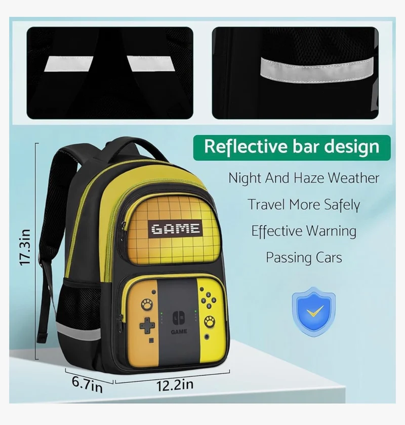 Kids Gamer Backpack for Boys, 17" School Bookbag for Children & Teens, Lightweight Student Backpack for Elementary & Middle School - (Yellow)