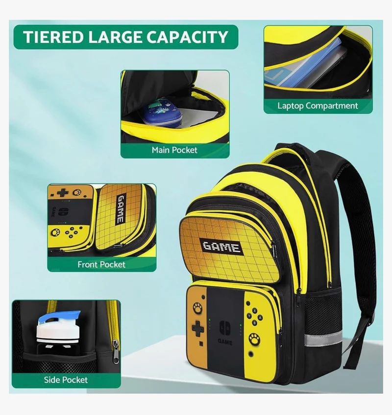 Kids Gamer Backpack for Boys, 17" School Bookbag for Children & Teens, Lightweight Student Backpack for Elementary & Middle School - (Yellow)