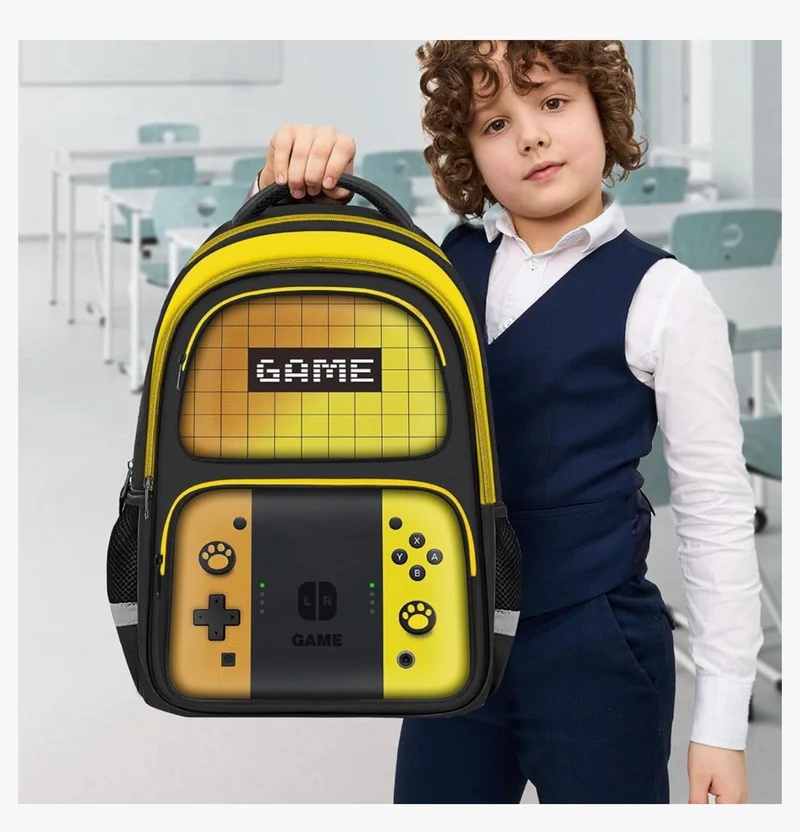 Kids Gamer Backpack for Boys, 17" School Bookbag for Children & Teens, Lightweight Student Backpack for Elementary & Middle School - (Yellow)
