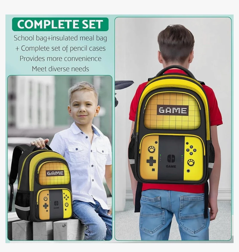 Kids Gamer Backpack for Boys, 17" School Bookbag for Children & Teens, Lightweight Student Backpack for Elementary & Middle School - (Yellow)