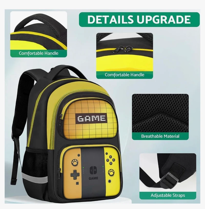 Kids Gamer Backpack for Boys, 17" School Bookbag for Children & Teens, Lightweight Student Backpack for Elementary & Middle School - (Yellow)