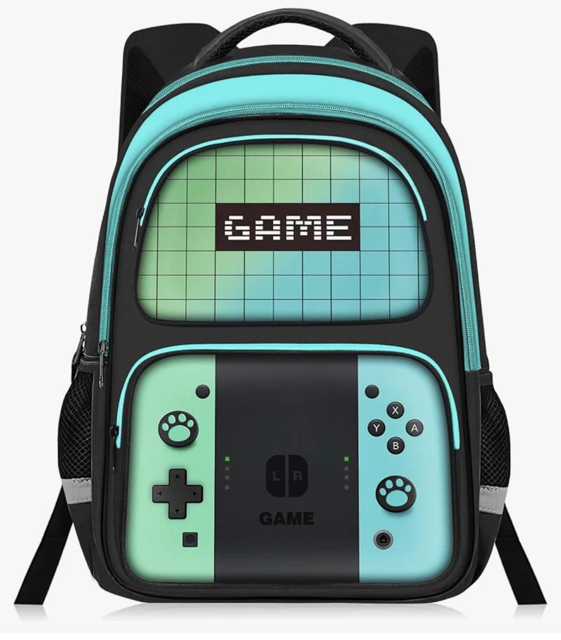 Kids Gamer Backpack for Boys, 17" School Bookbag for Children & Teens, Lightweight Student Backpack for Elementary & Middle School - (Green & Blue)