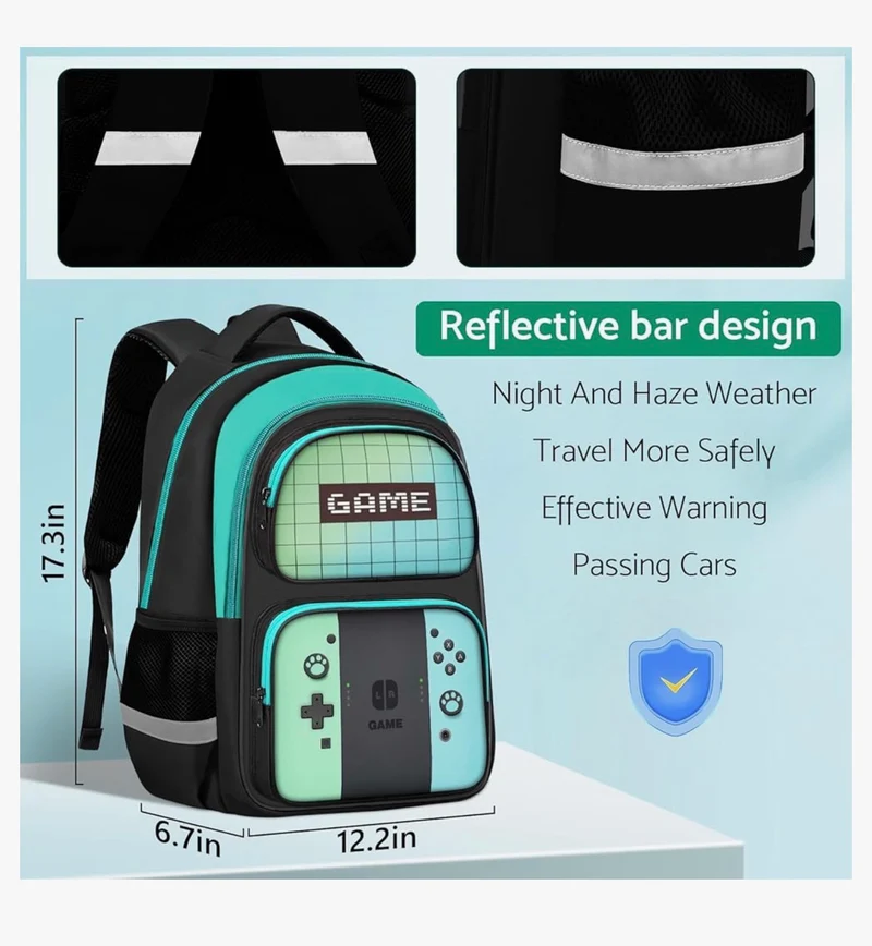 Kids Gamer Backpack for Boys, 17" School Bookbag for Children & Teens, Lightweight Student Backpack for Elementary & Middle School - (Green & Blue)