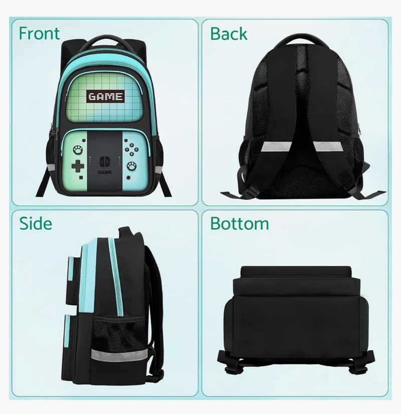 Kids Gamer Backpack for Boys, 17" School Bookbag for Children & Teens, Lightweight Student Backpack for Elementary & Middle School - (Green & Blue)