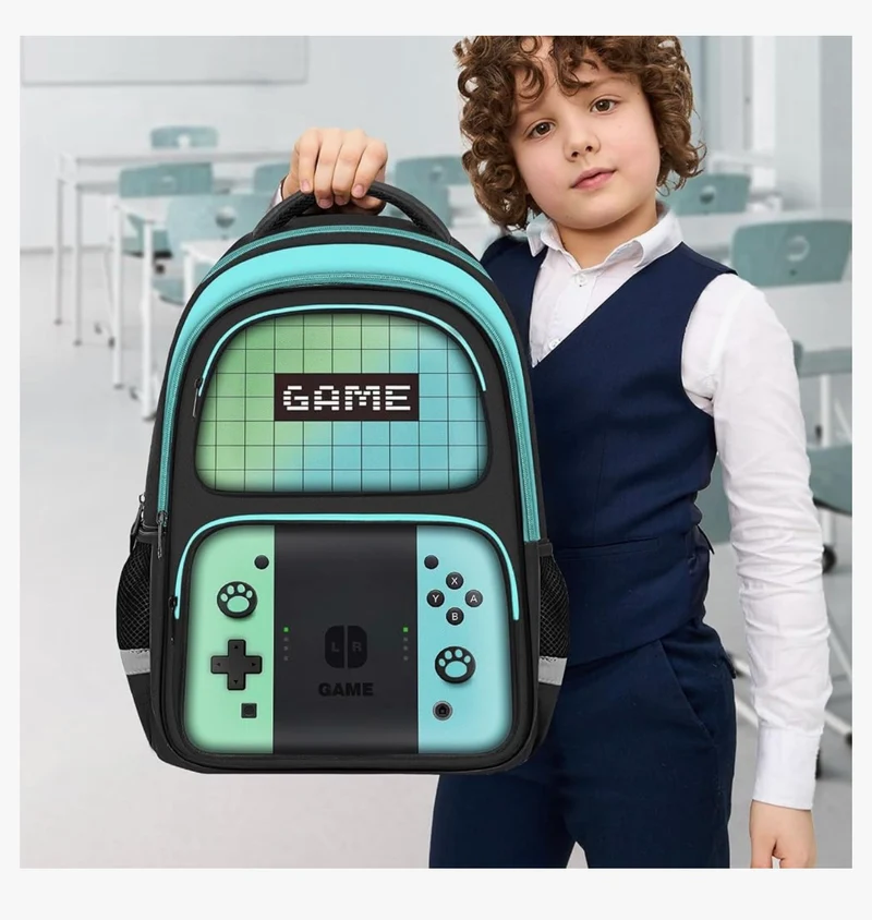 Kids Gamer Backpack for Boys, 17" School Bookbag for Children & Teens, Lightweight Student Backpack for Elementary & Middle School - (Green & Blue)