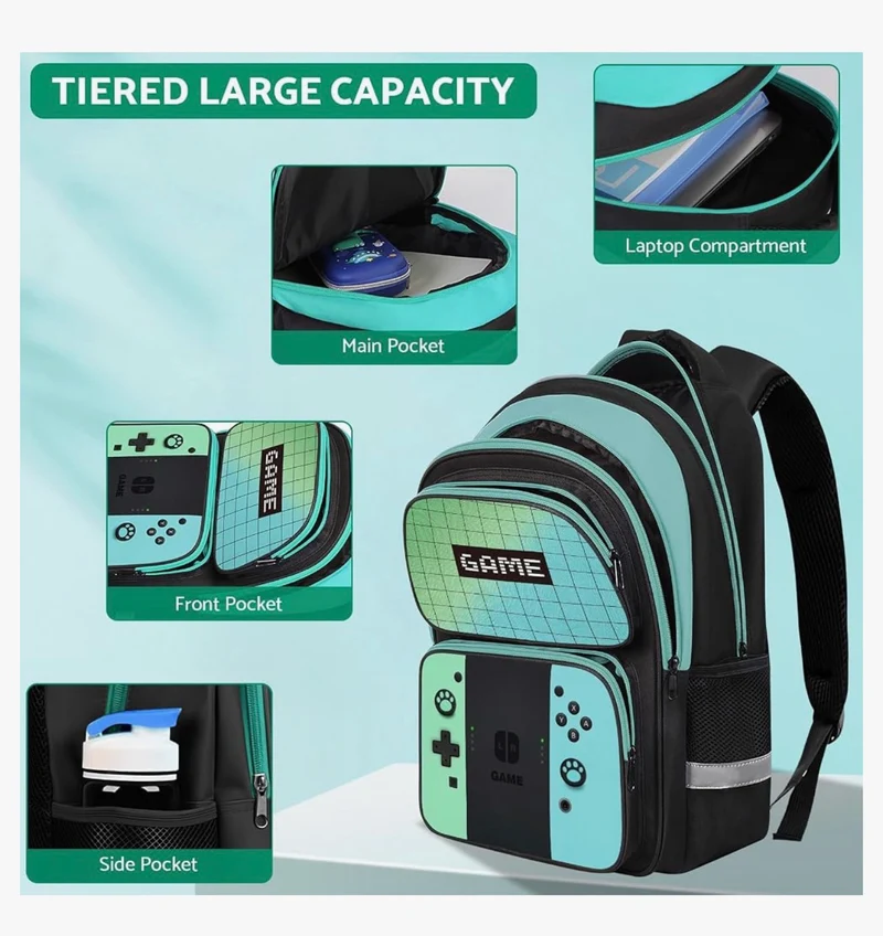 Kids Gamer Backpack for Boys, 17" School Bookbag for Children & Teens, Lightweight Student Backpack for Elementary & Middle School - (Green & Blue)