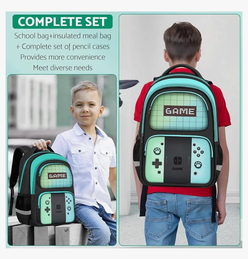 Kids Gamer Backpack for Boys, 17" School Bookbag for Children & Teens, Lightweight Student Backpack for Elementary & Middle School - (Green & Blue)