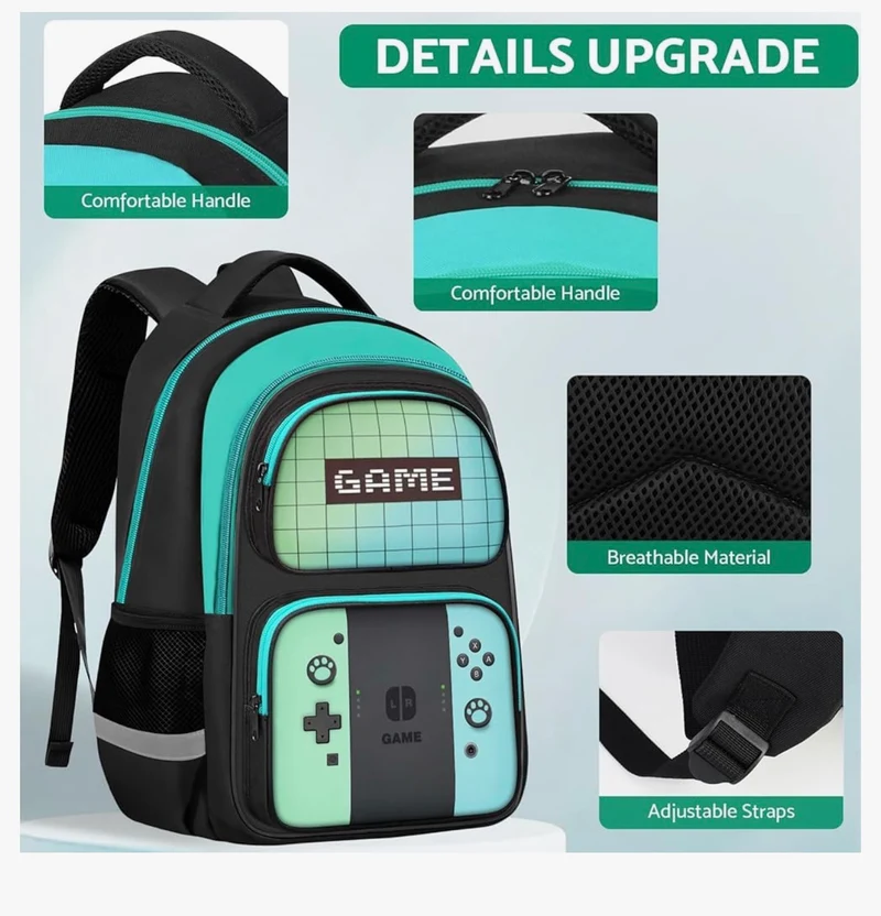 Kids Gamer Backpack for Boys, 17" School Bookbag for Children & Teens, Lightweight Student Backpack for Elementary & Middle School - (Green & Blue)