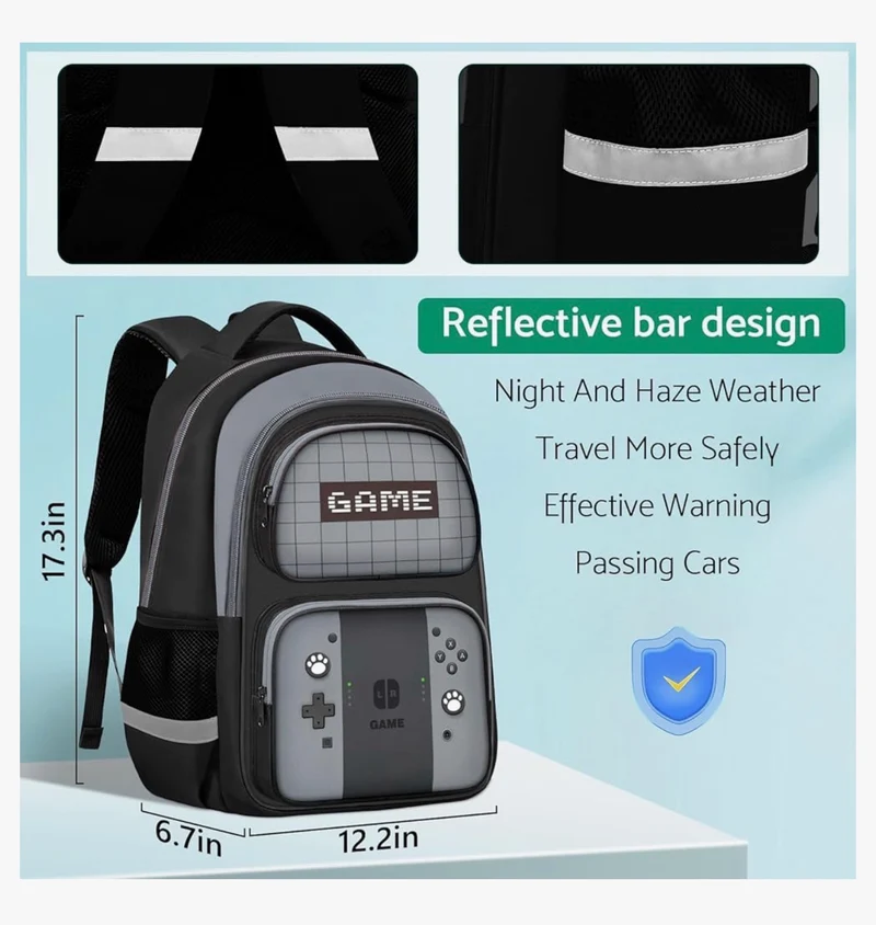 Kids Gamer Backpack for Boys, 17" School Bookbag for Children & Teens, Lightweight Student Backpack for Elementary & Middle School- (Gray)