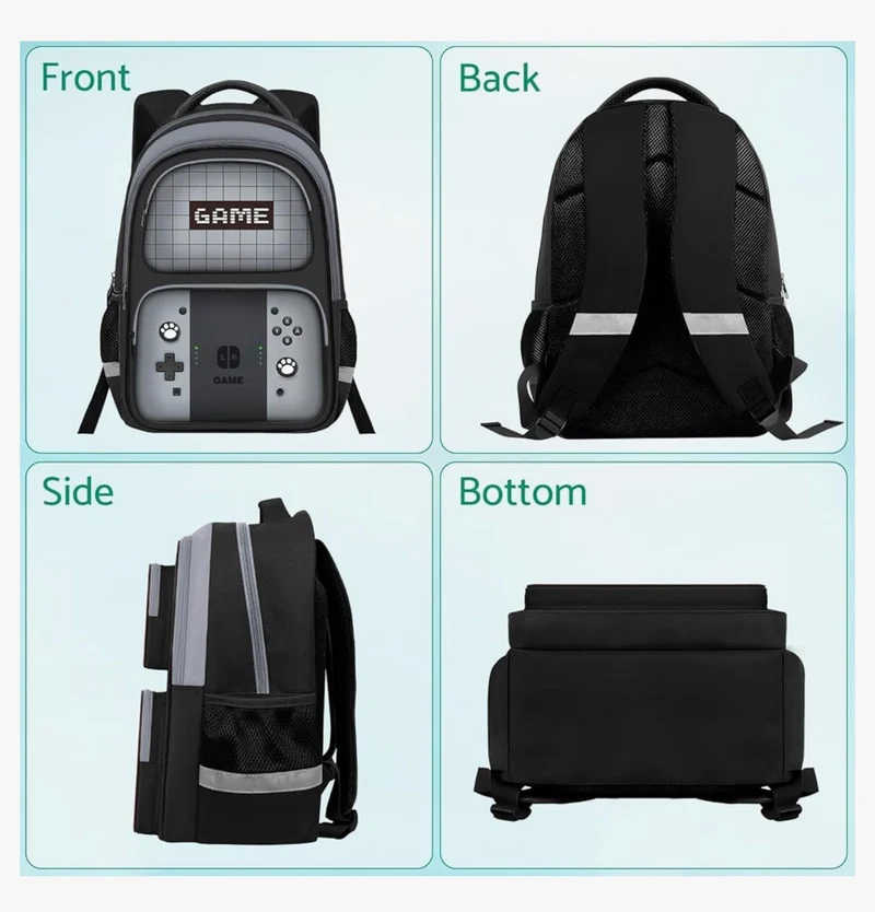 Kids Gamer Backpack for Boys, 17" School Bookbag for Children & Teens, Lightweight Student Backpack for Elementary & Middle School- (Gray)