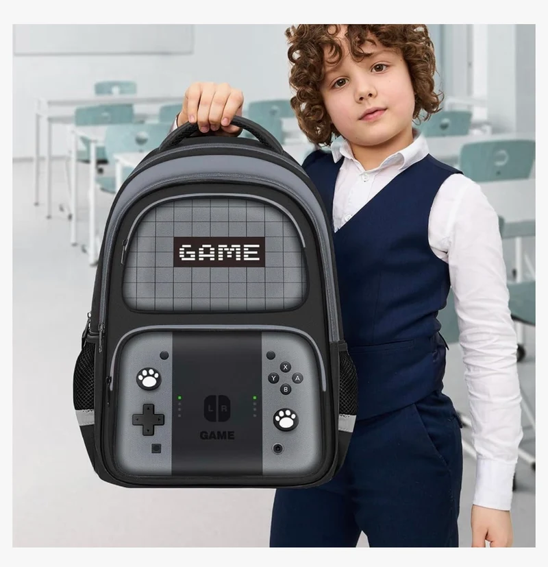 Kids Gamer Backpack for Boys, 17" School Bookbag for Children & Teens, Lightweight Student Backpack for Elementary & Middle School- (Gray)