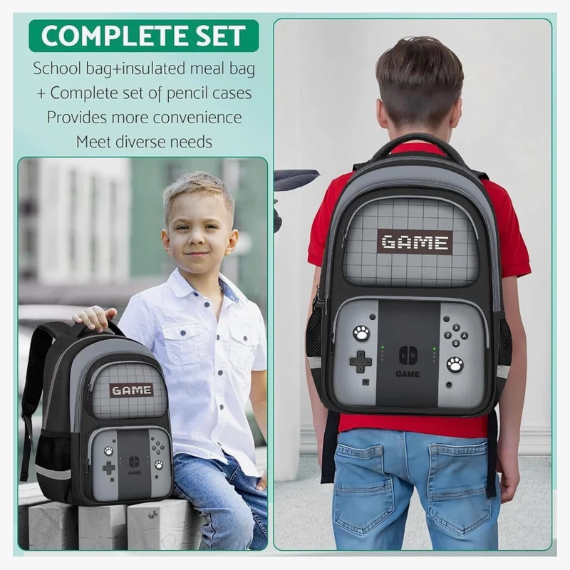 Kids Gamer Backpack for Boys, 17" School Bookbag for Children & Teens, Lightweight Student Backpack for Elementary & Middle School- (Gray)